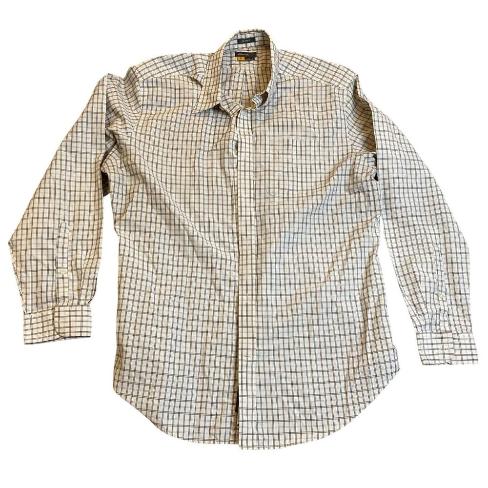Eddie Bauer Mens Shirt Large Beige/Brown Relaxed Fit Plaid Long Sleeve Button-Up